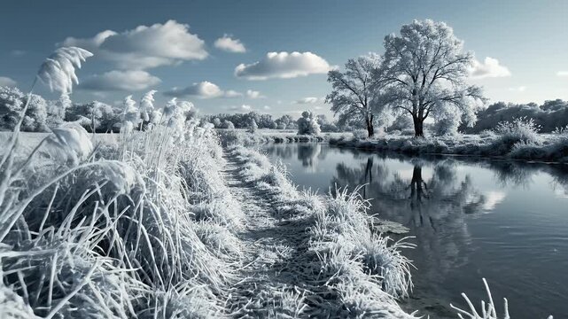 Winter Frost by the Riverbank Serene Snow Covered Landscape.