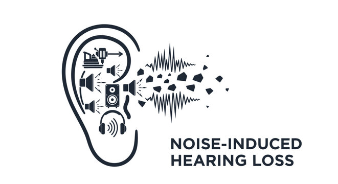 Noise-induced hearing loss medical concept illustration with human ear and sound waves.