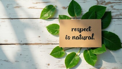 Naklejka premium Card with text respect is natural surrounded by green leaves on weathered white wood. Fresh plants and clean design suggest eco friendly message. Simple background.