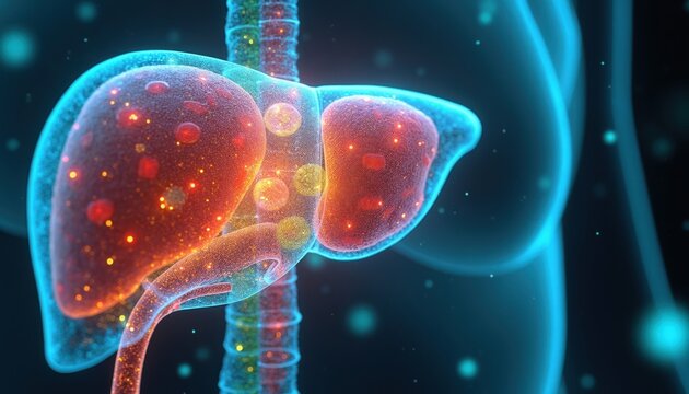 Human liver glowing with internal processes. Microscopic view of cells and blood vessels showing metabolic and detoxification functions. Health organ activity.