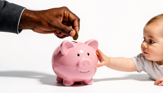 Adult African American hand putting a gold coin into a pink piggy bank as a cute baby reaches out representing financial education intergenerational wealth and saving for the next generation