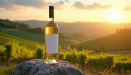 Obraz premium White wine bottle with blank label sits on rock at sunset vineyard. Rolling green hills and grapevines create a scenic rural backdrop for this agricultural beverage.