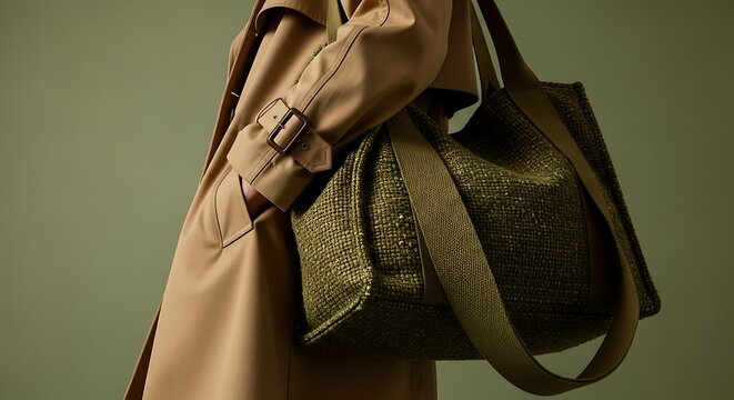 Woven olive green handbag carried by a person in a classic beige trench coat. Studio lighting highlights the fabric texture and elegant silhouette. Ideal for luxury apparel branding.