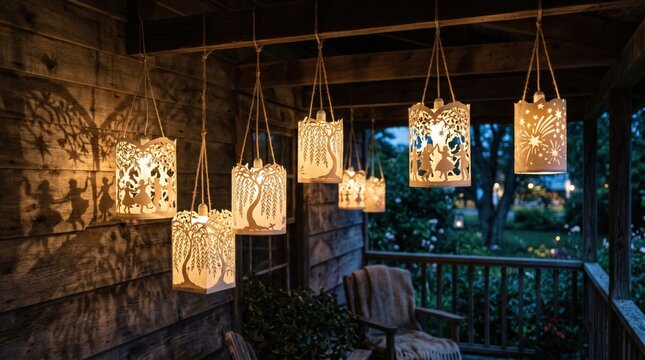 Hand-Cut Paper Lanterns with Fireworks and Dancing Figures for Festive July 4th Porch Decor.