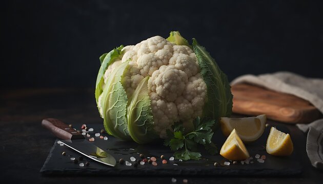 Fresh whole raw cauliflower head on a dark stone background with lemon wedges.