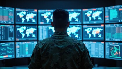 Fototapeta na wymiar Military personnel observes global threat map on multiple screens in control room. Data analysis and strategic planning occur on digital interfaces. Team monitors network activity for security risks.