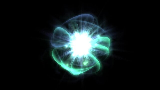 Abstract glowing energy core with green and blue waves. VFX element with Alpha channel. Ethereal light burst for sci-fi and magical overlays