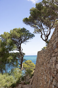 Cami de Ronda walking trail in Costa Brava, Spain on a sunny day with turquoise ocean