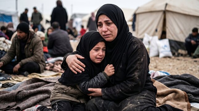 Emotional portrait of displaced Muslim mother comforting crying child in refugee camp during humanitarian crisis
