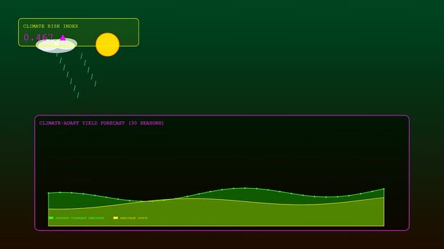 A futuristic digital interface displaying sustainable agriculture data through animated charts and climate risk indices to monitor crop yields in a dark environment