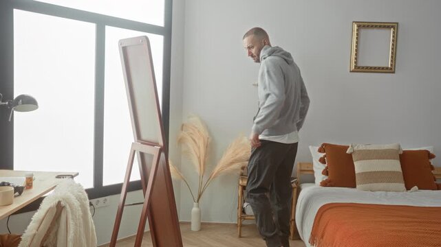 Man pulls hoodie over head by bed and mirror, adjusts hood and checks face in full length mirror in a sunlit bedroom building; calm reflection.