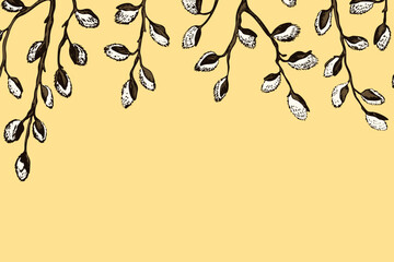 Easter spring frame, border with sprigs of willow. Template hand drawn design for banner, poster, card, paper. Holiday print. Branch with pussy willow buds. Vector illustration background. © Alla