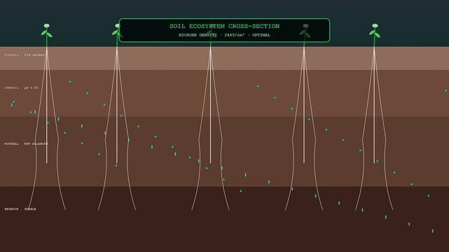 An educational animation displaying sustainable agriculture data through a digital cross section of soil showing root growth and microscopic nutrient movement in a scientific simulation