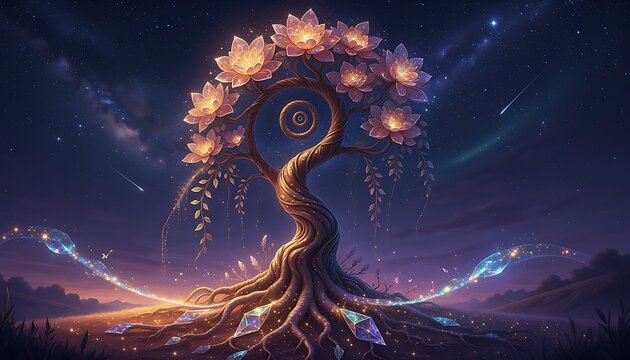 Enchanted Cosmic Tree of Life with Glowing Flowers and Magic Roots.