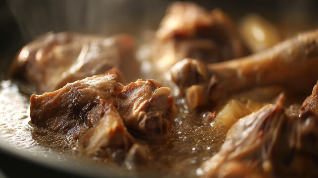 Close-up of golden brown meat pieces simmer in a rich, bubbling sauce inside a pan, emitting steam and suggesting warmth and delicious flavor