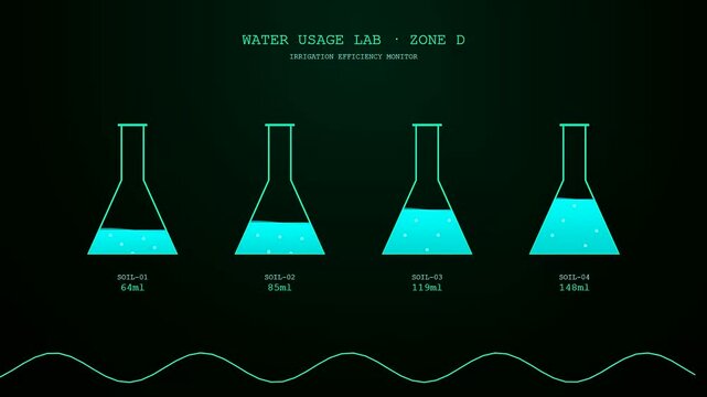 The dynamic interface displaying sustainable agriculture data visualizes changing water levels in science lab beakers to measure soil irrigation efficiency through a sleek dark digital dashboard.