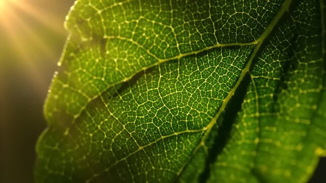 A close-up view of a vibrant green leaf showcasing its intricate veins and texture in a natural setting with sunlight.