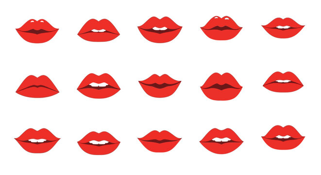 A captivating vector collection showcasing diverse red lip designs, illustrating various expressions and aesthetic shapes for beauty and graphic projects, embodying the concept of varied human allure