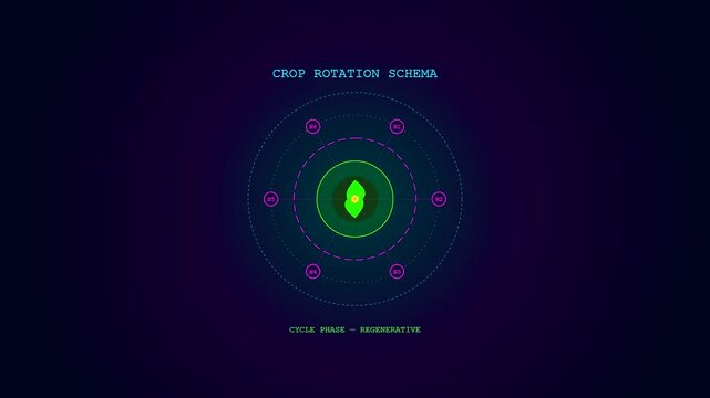Detailed Sustainable Agriculture Data visualization is presented via a rotating crop rotation schema featuring glowing green circular HUD elements on a dark futuristic digital background