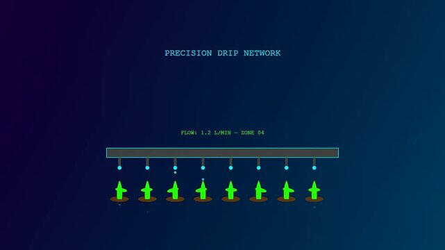 This motion graphic animation showcases sustainable agriculture data through a precision drip network interface featuring digital water droplets falling onto a row of green plants.