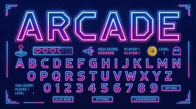 Vibrant Neon Glow Retro Gaming Alphabet and Classic Arcade Interface Elements Vector Illustration