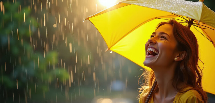 Woman laughs joyfully under a yellow umbrella during a sunshower. She embraces the rain with a bright smile, feeling happy and carefree outdoors. Good mood in wet weather.