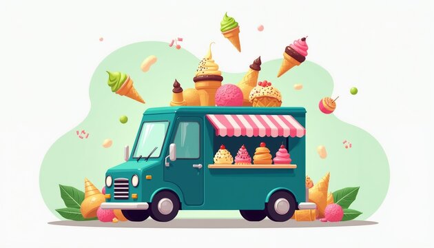 Teal ice cream truck serves sweet cones and sundaes. Cones float around vehicle. Dessert cart offers varied flavors. Ideal for summer promotions.