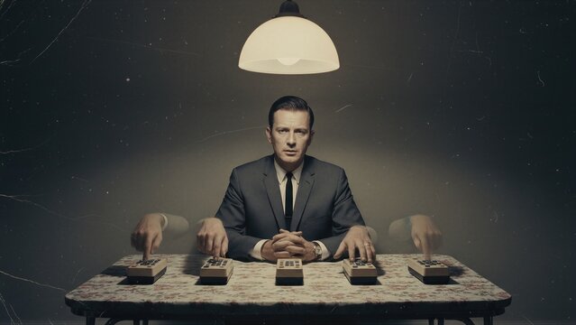 Man in suit operating multiple remote control devices on table. Concept of mind control, brainwashing and human subconscious influence. Surveillance technology and psychological manipulation.