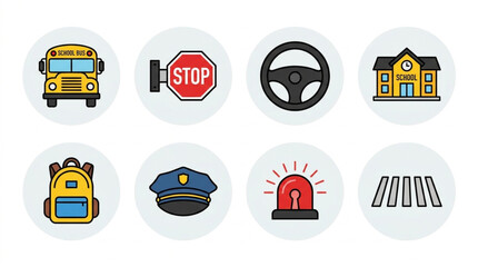Obraz premium Collection of flat design icons depicting school bus, stop sign, steering wheel, building, backpack, police hat, siren, and crosswalk, representing transportation and safety