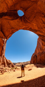 Tourist exploring big hogan arch in monument valley