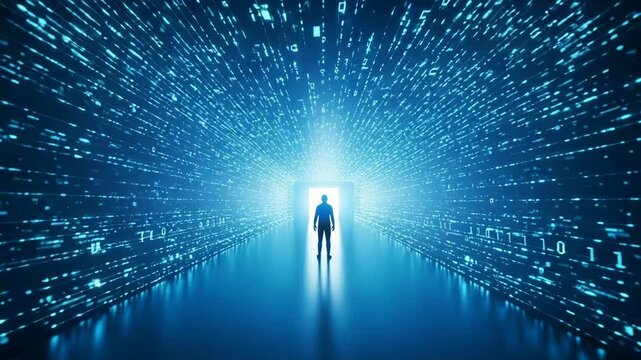 Man standing in a digital tunnel of binary code