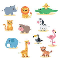 Fototapeta premium Cute African safari animals set isolated on white background. Jungle collection. Flat vector illustration for children nursery print design.