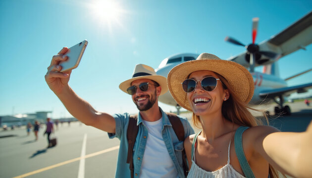 Couple takes selfie with airplane on tarmac. Happy pair smiles with excitement for journey. They wear hats and sunglasses, ready for vacation fun.
