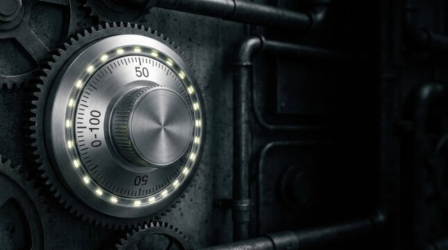 Combination lock dial with illuminated ring on metal safe door surrounded by gears and pipes in dark industrial setting