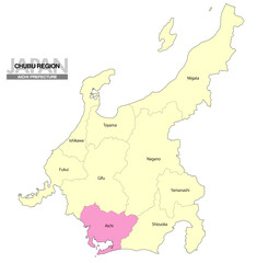 Obraz premium [日本地図] 中部地方の愛知県の県名入り位置地図 (英語)