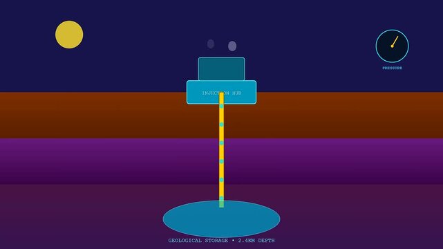 Innovative Carbon Capture Technology systems demonstrate the sequential process of injecting industrial emissions deep into subterranean geological storage layers beneath the dark night