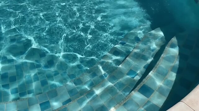 Sunlit turquoise pool with mosaic blue tiles and curved edge reflecting rippling patterns