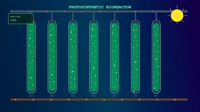 This animated infographic demonstrates innovative carbon capture technology with rising oxygen bubbles inside green algae tubes as the photosynthetic efficiency rate increases under bright sunlight.