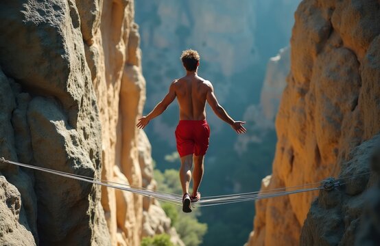Man walks rope between rocky canyon walls. Athlete performs highline slackline. He balances with arms out. Person feels freedom and confidence walking high up.