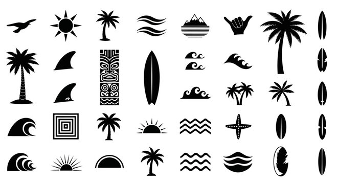 Tropical beach icons, black silhouette symbols, palm tree, wave, surfboard graphics, summer vacation elements, 40 icons