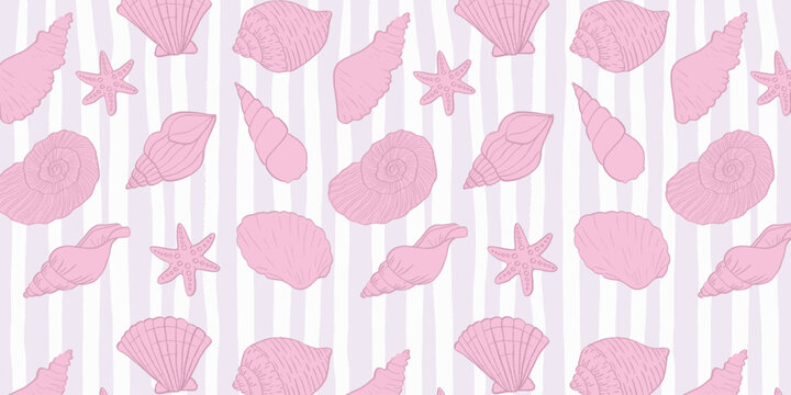 Seamless seashell pattern with starfish and shell illustrations on striped background