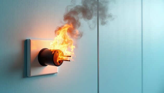 Electrical outlet sparks and burns with flames and smoke erupting. Faulty wiring or overloaded socket causes fire hazard. Danger in home interior. Unsafe power connection ignites fire.