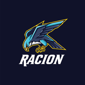 Dynamic hawk mascot logo design for esports team named Racion.