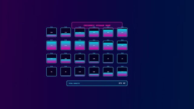 A futuristic digital display interface monitoring carbon capture technology shows real time data visualization of liquid storage levels depleting within a dark blue science fiction environment