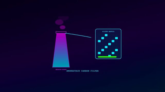 An animated neon graphic showcasing carbon capture technology as it filters industrial emissions from a purple smokestack into a digital matrix for environmental monitoring