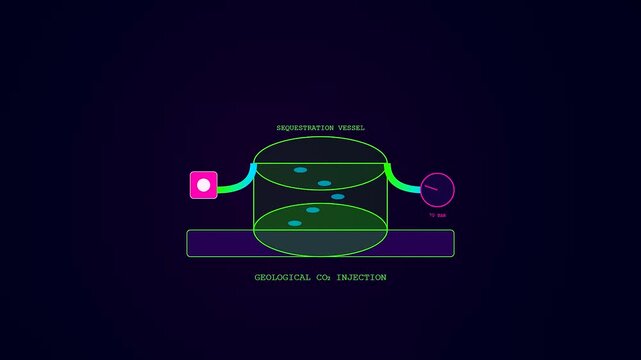 A sophisticated animation illustrating carbon capture technology where neon blue particles circulate inside a green sequestration vessel before descending into a deep purple geological stratum