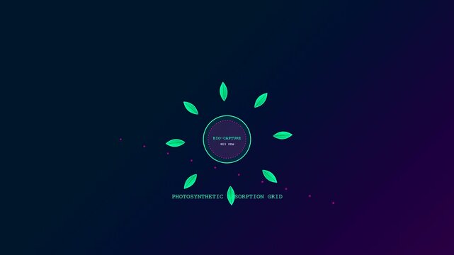 An animated carbon capture technology interface featuring green orbital leaves rotating around a glowing central node on a dark navy blue futuristic digital screen
