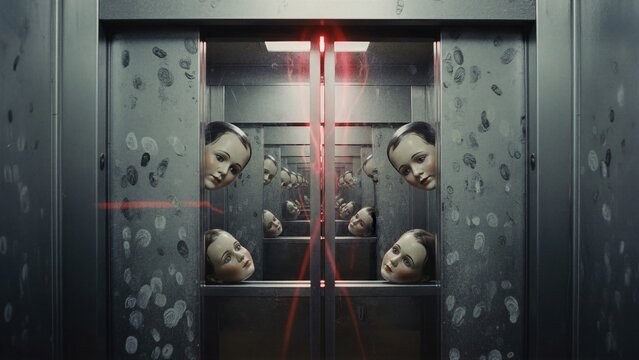 Doll heads looking out from elevator doors with reflection. Mind control and hypnosis concept. Psychological thriller atmosphere with infinity mirror effect. Artificial intelligence threat.