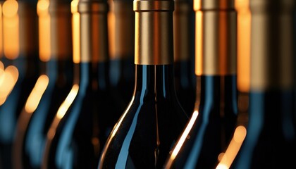 Obraz premium Dark glass wine bottles with gold caps arranged in row. Close-up on shiny drink containers. Amber light reflects on liquid bottles for winery product presentation.