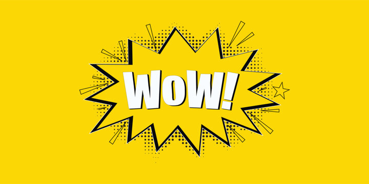 Comic-style vector illustration of a "WOW!" shoutout in a bright yellow jagged speech bubble. Featuring a classic white halftone dot pattern